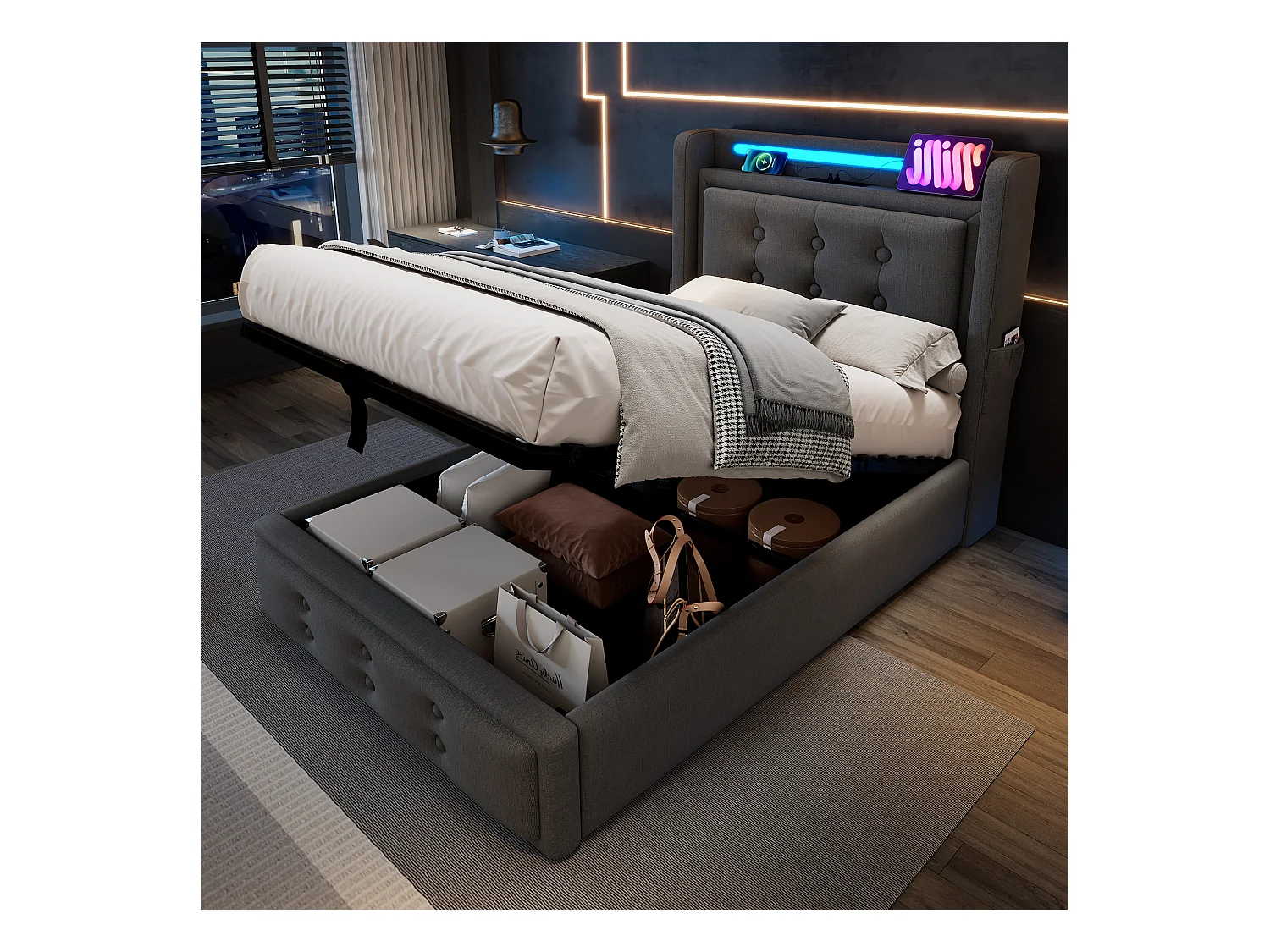 Lit coffre enfant gris avec matelas 90x200 cm, 1 port USB et 1 port Type-C avec rangement hydraulique