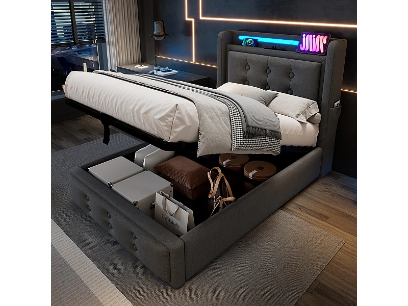 Lit coffre enfant gris avec matelas 90x200 cm, 1 port USB et 1 port Type-C avec rangement hydraulique