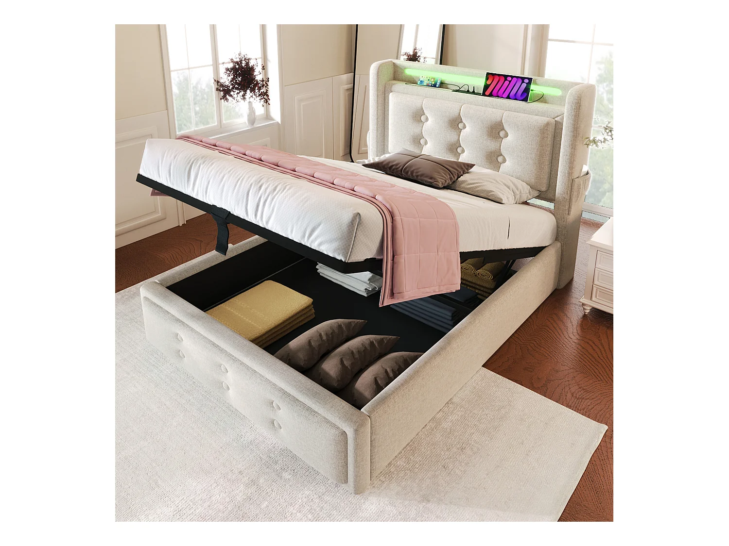 Letto contenitore per bambini beige con materasso 90x200 cm, 1 porta USB e 1 porta Type-C con contenitore idraulico.