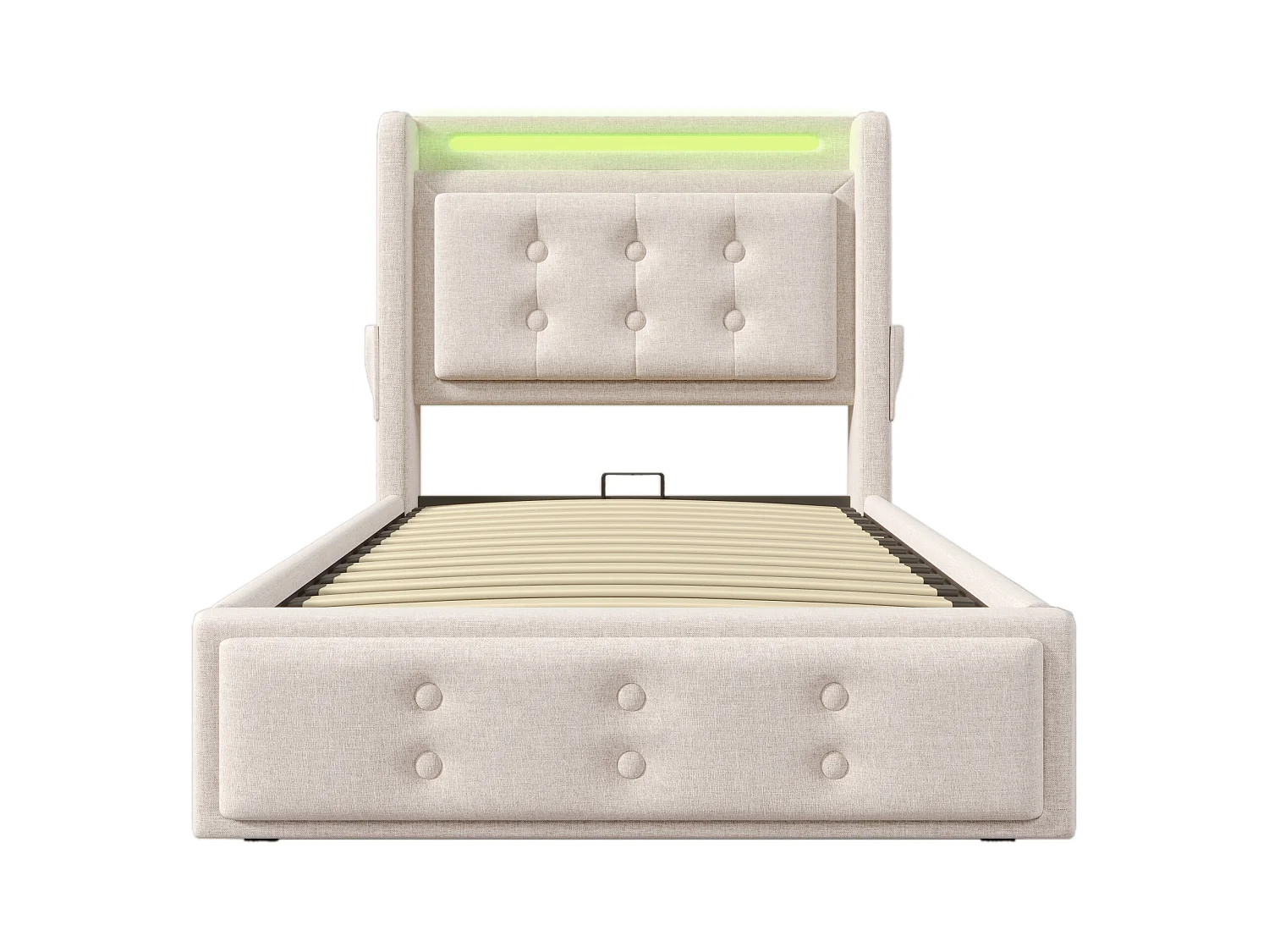 Lit coffre enfant beige avec matelas 90x200 cm, 1 port USB et 1 port Type-C avec rangement hydraulique