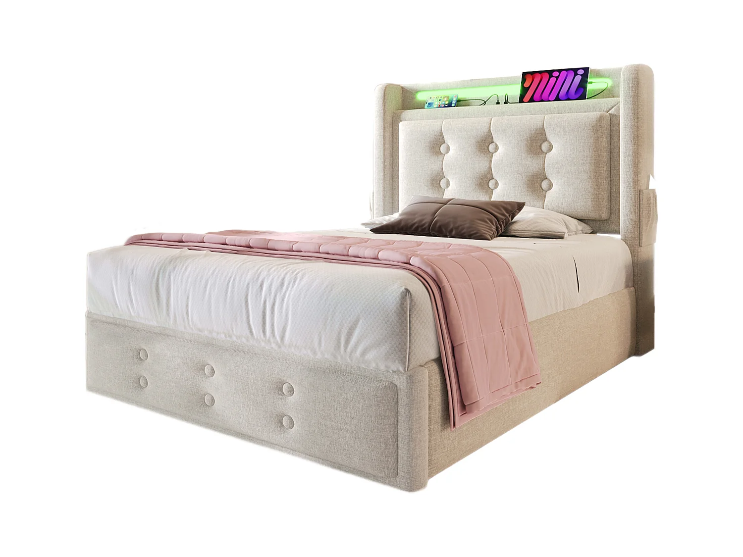 Lit coffre enfant beige avec matelas 90x200 cm, 1 port USB et 1 port Type-C avec rangement hydraulique