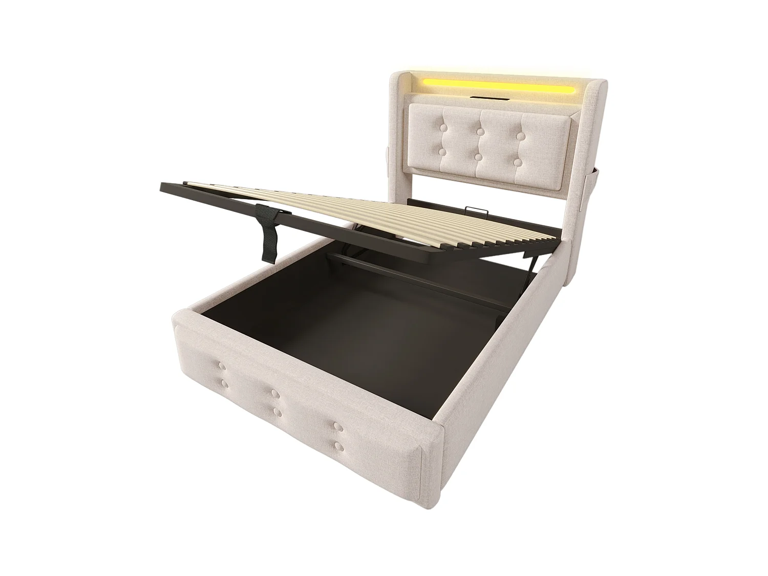 Lit coffre enfant beige avec matelas 90x200 cm, 1 port USB et 1 port Type-C avec rangement hydraulique