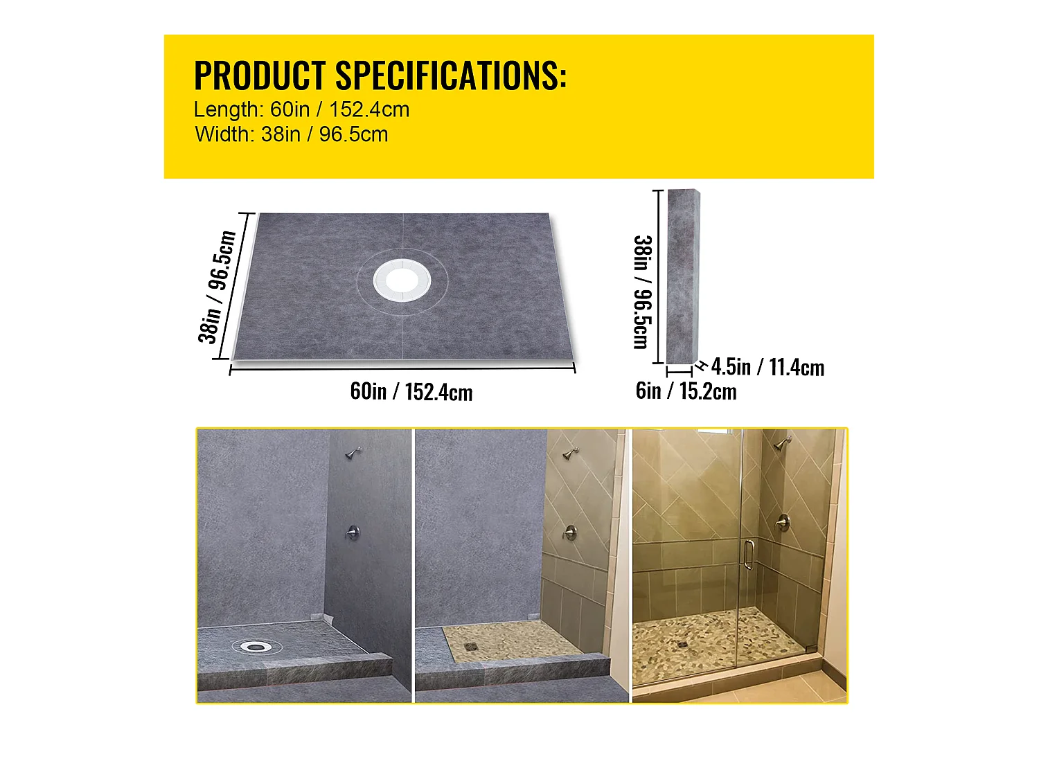 Kit de Receveur de Douche Étanche SucceBuy, 96 x 152 cm, avec Drain Central et Bride en PVC