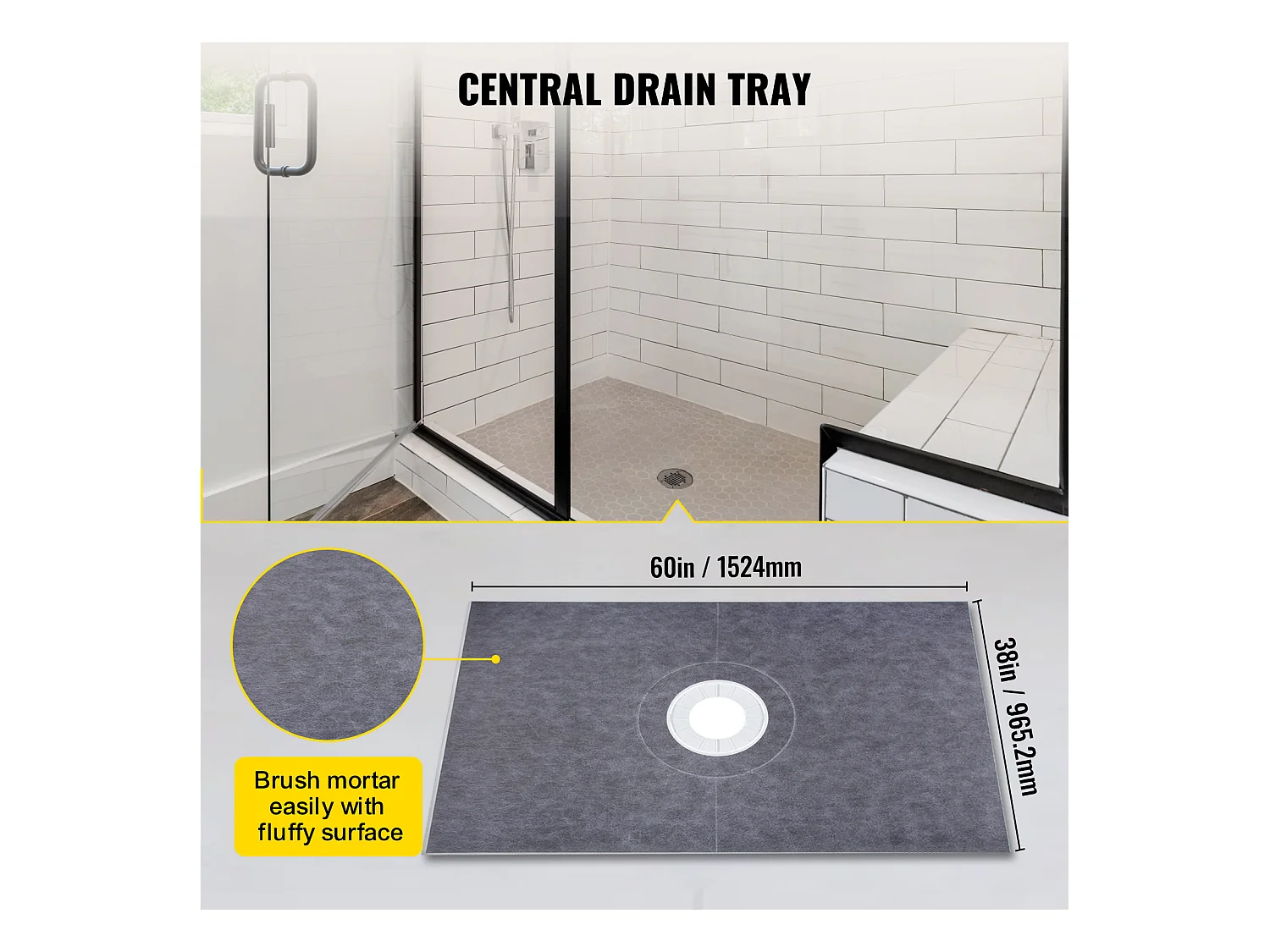 Kit de Receveur de Douche Étanche SucceBuy, 96 x 152 cm, avec Drain Central et Bride en PVC