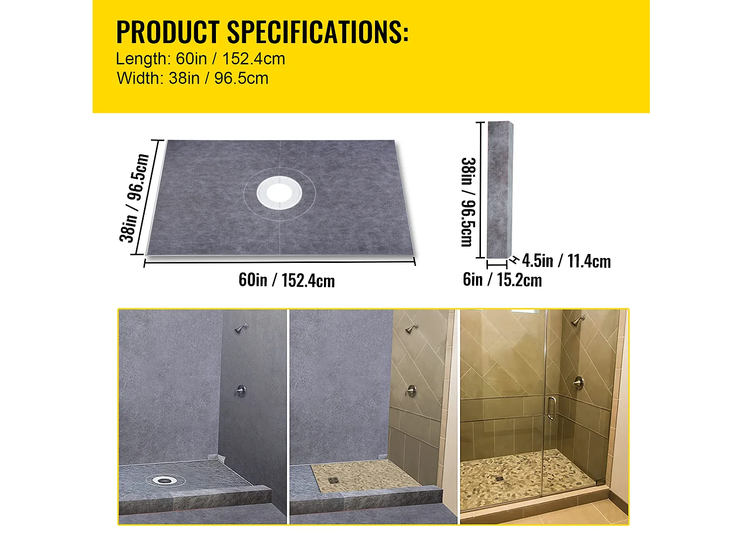 Kit de Receveur de Douche Étanche SucceBuy, 96 x 152 cm, avec Drain Central et Bride en PVC