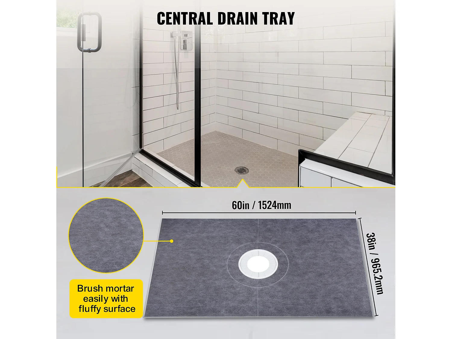 Kit de Receveur de Douche Étanche SucceBuy, 96 x 152 cm, avec Drain Central et Bride en PVC