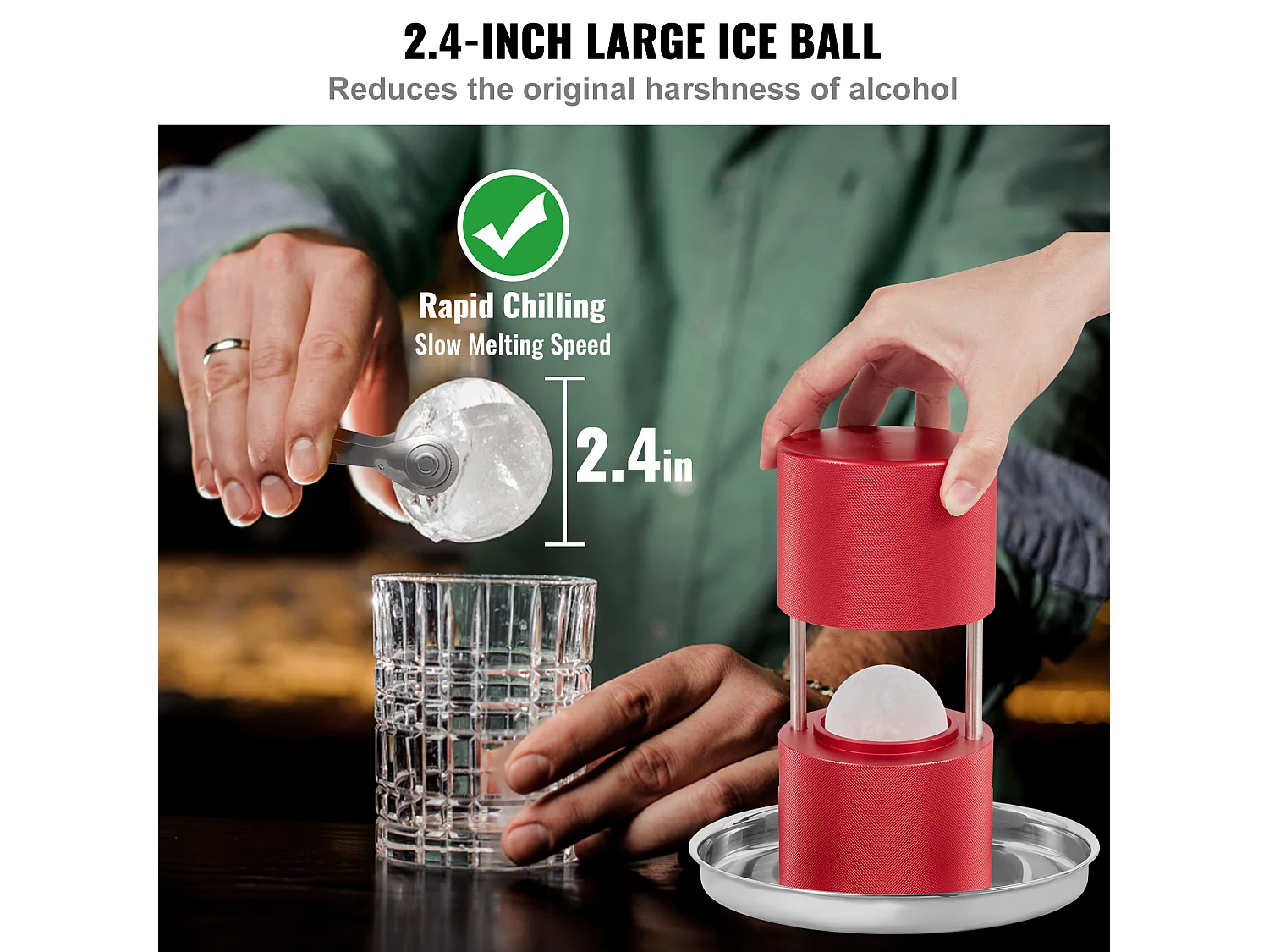 Machine à Glaçons SucceBuy 60 mm, Presse à Glaçons Sphères en Aluminium Rond pour Whisky, Rouge