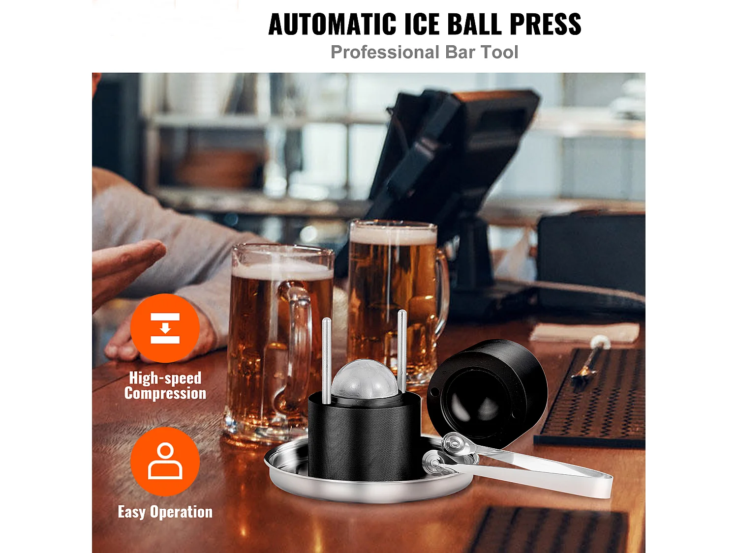 Machine à Glaçons SucceBuy 61 mm, Presse à Glaçons en Aluminium Rond, Noir, pour Whisky, Cocktail, Bourbon et Fêtes de Fin d'Année