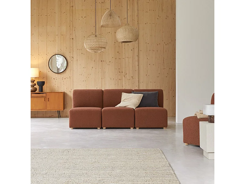 3-Sitzer-Modulbank Swann aus massivem Akazienholz mit terrakottafarbenem Stoffbezug