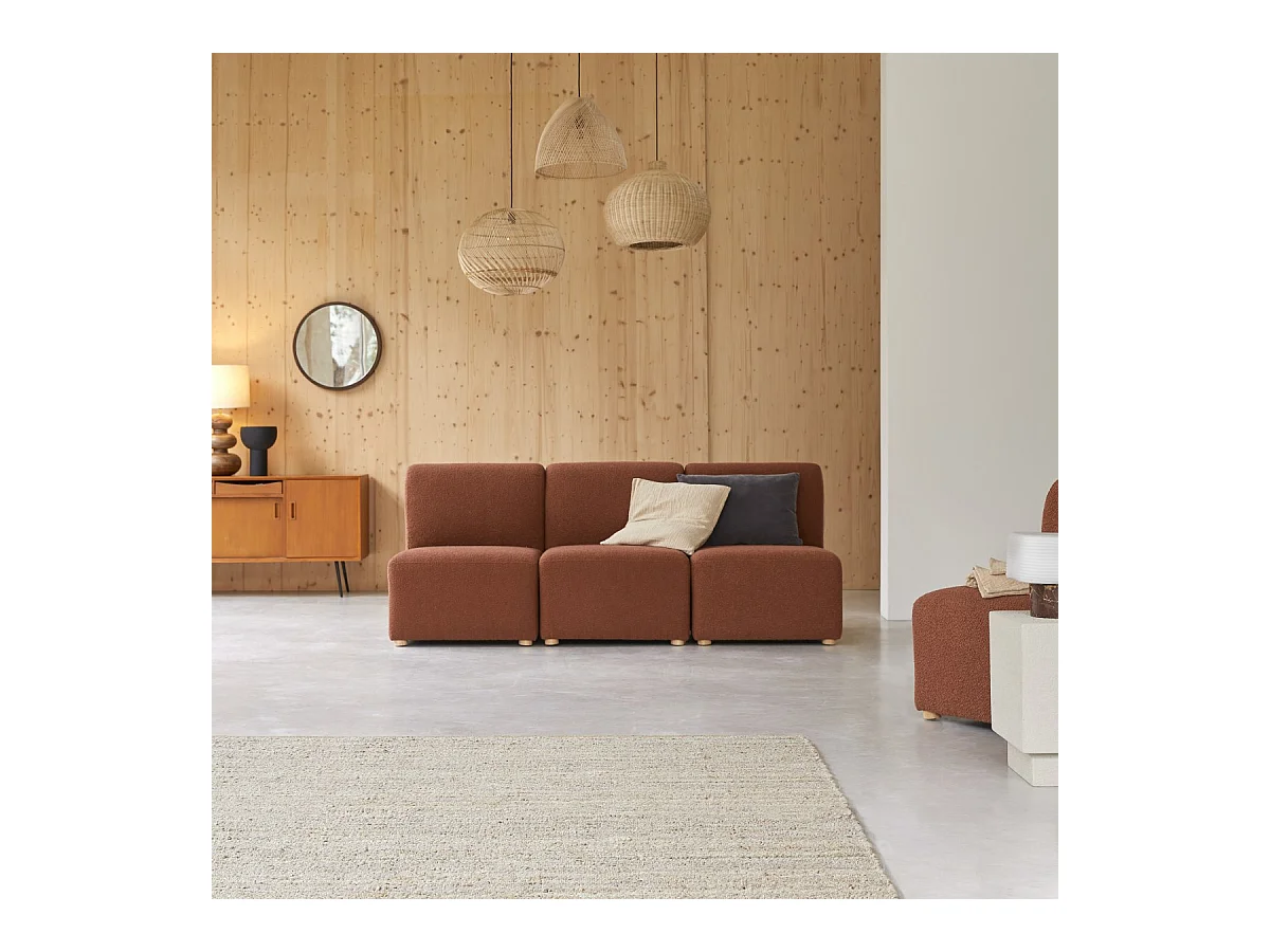 3-Sitzer-Modulbank Swann aus massivem Akazienholz mit terrakottafarbenem Stoffbezug