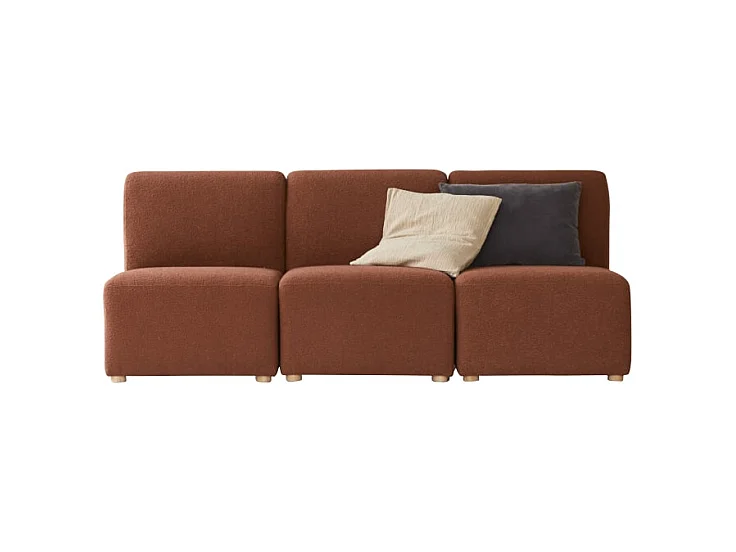 3-Sitzer-Modulbank Swann aus massivem Akazienholz mit terrakottafarbenem Stoffbezug