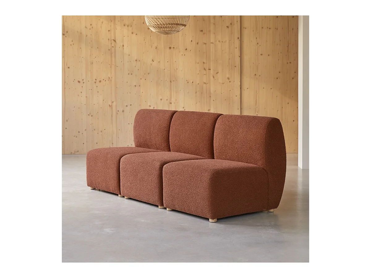 3-Sitzer-Modulbank Swann aus massivem Akazienholz mit terrakottafarbenem Stoffbezug