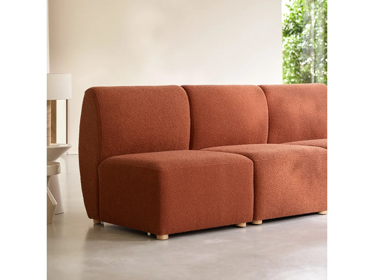 3-Sitzer-Modulbank Swann aus massivem Akazienholz mit terrakottafarbenem Stoffbezug