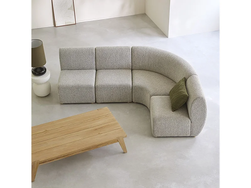Divano modulare angolare Swann da 4 posti in acacia massello e tessuto grigio