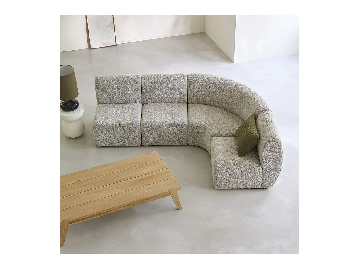 Divano modulare angolare Swann da 4 posti in acacia massello e tessuto grigio
