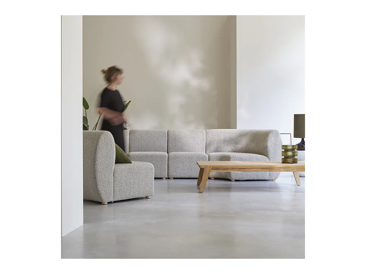 Divano modulare angolare Swann da 4 posti in acacia massello e tessuto grigio