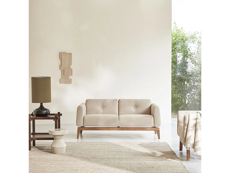 2-Sitzer-Sofa mit massivem Eichenholzgestell und ecrufarbenem Stoffbezug