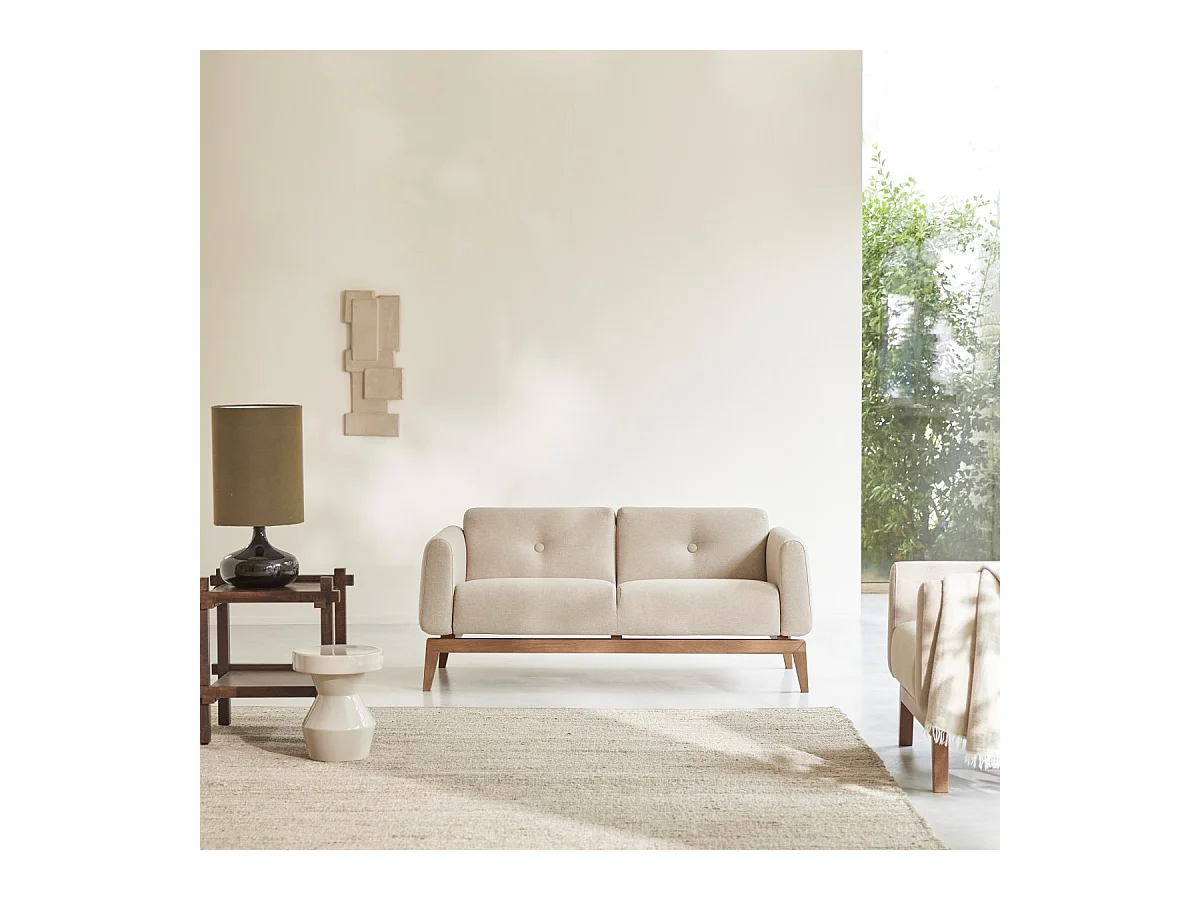 2-Sitzer-Sofa mit massivem Eichenholzgestell und ecrufarbenem Stoffbezug