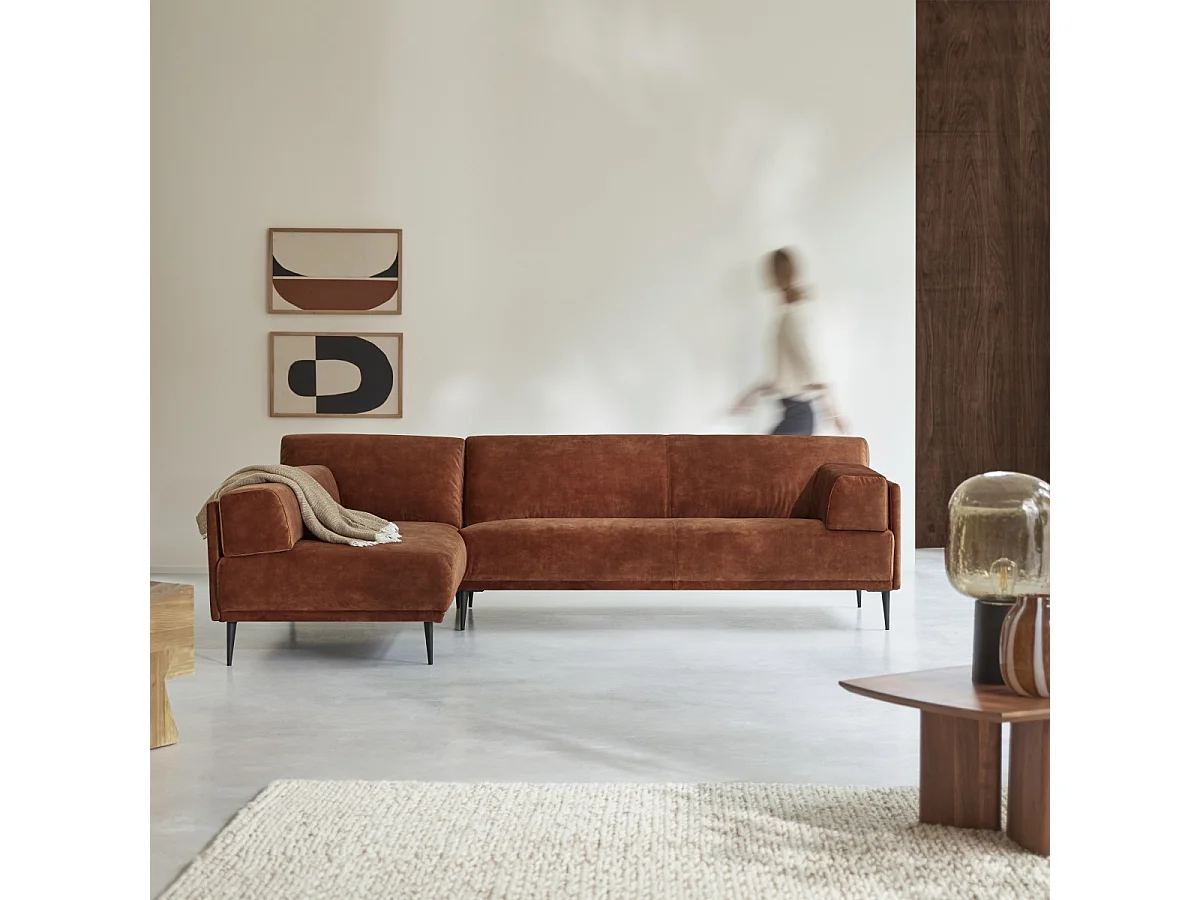 Divano con angolo a sinistra in velluto terracotta 270 x 180 cm Finn, 4 posti
