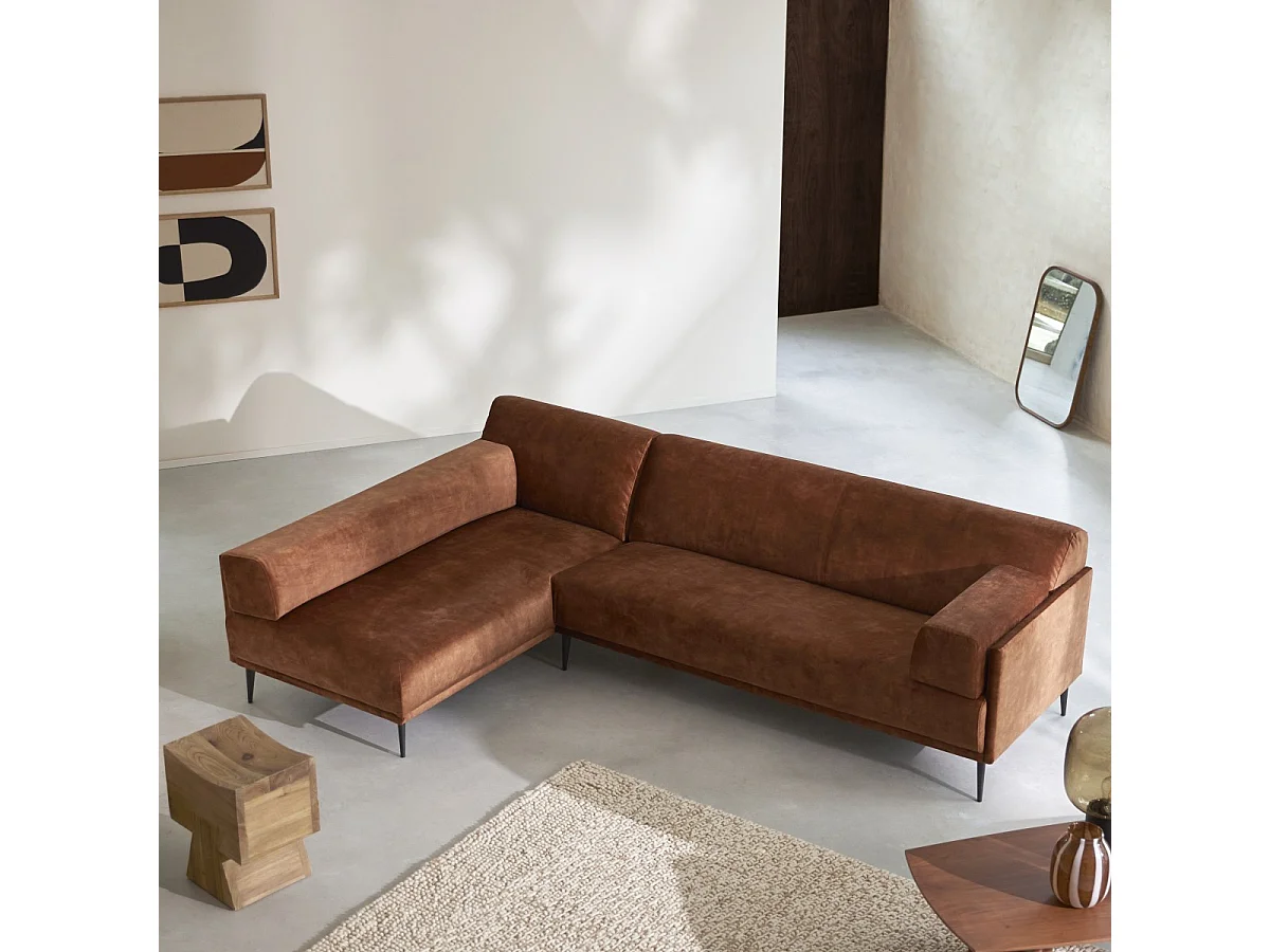 Divano con angolo a sinistra in velluto terracotta 270 x 180 cm Finn, 4 posti