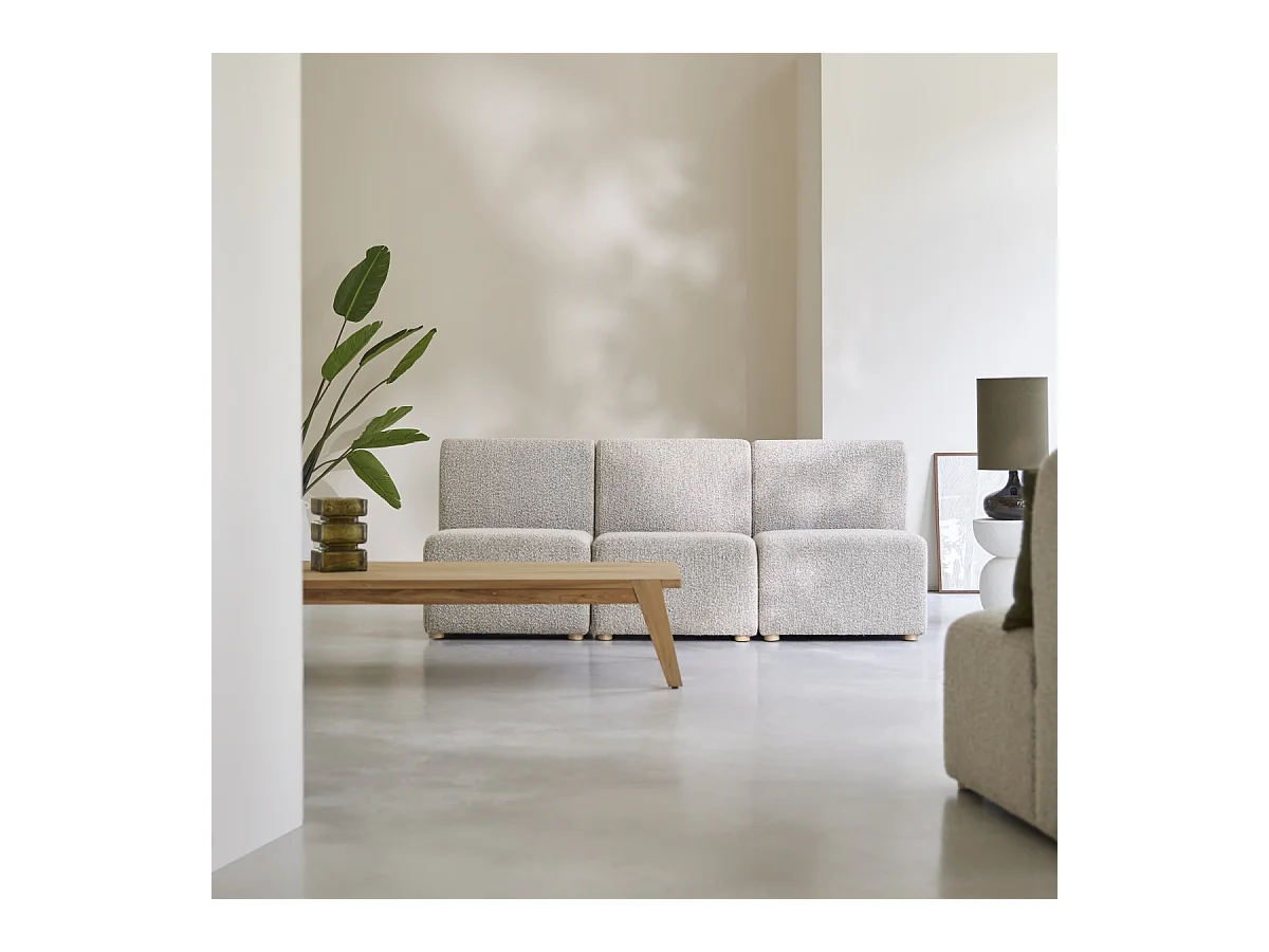 Panca Swann modulare da 3 posti in acacia massello e tessuto grigio