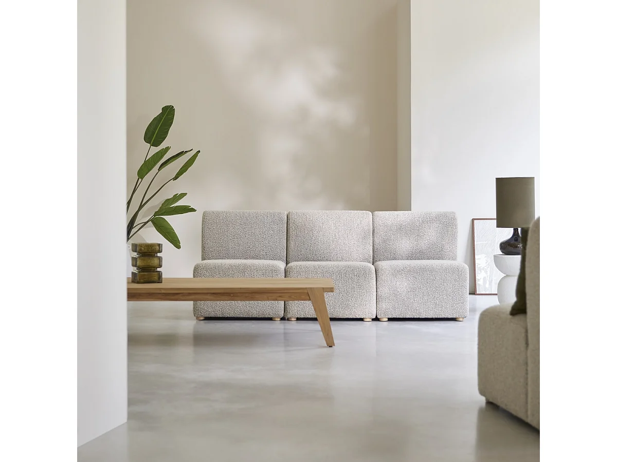 Banquette Swann modulable 3 places en acacia massif et tissu gris