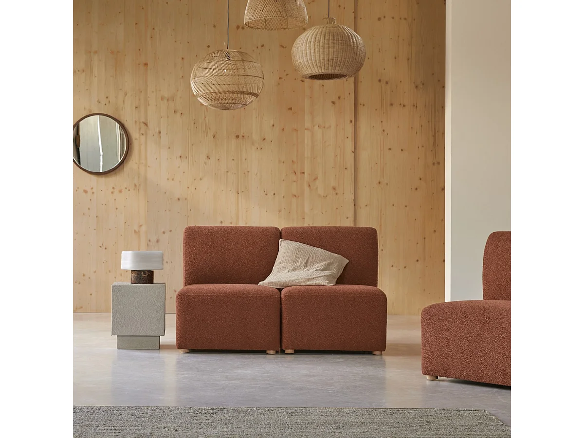 Modulare 2-Sitzer-Bank Swann aus massivem Akazienholz mit terrakottafarbenem Stoffbezug