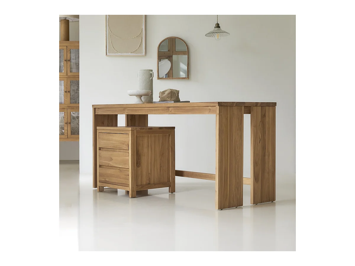 Bureau en bois de teck 160 Eden avec caisson de rangement