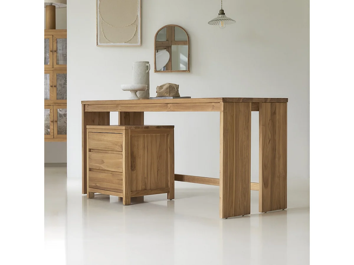 Schreibtisch Teak massiv natur Holz Büro Neu Tikamoon