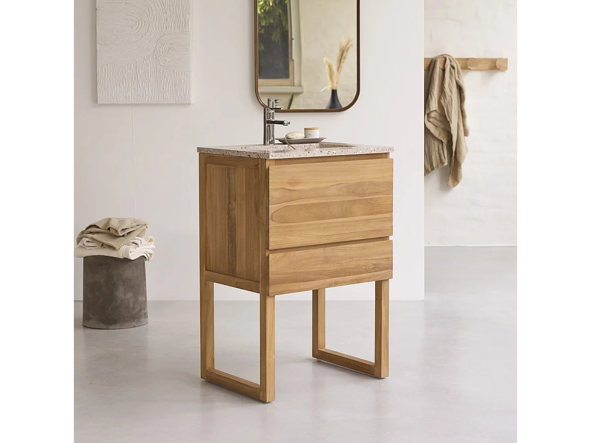 Mobile per il bagno Edgar in teak massello e battuto di terrazzo Pink 60 cm