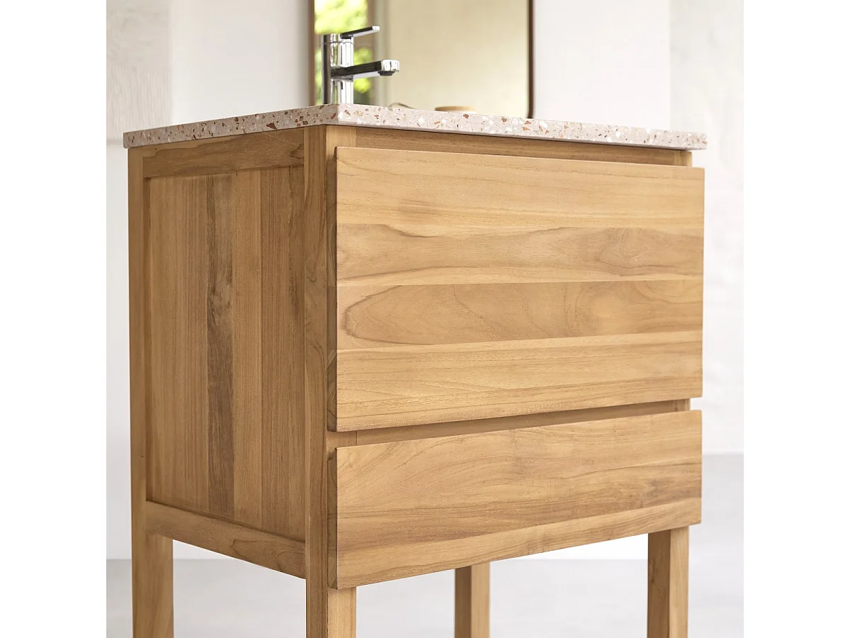 Badezimmerschrank Edgar aus massivem Teakholz und Terrazzo Pink 60 cm