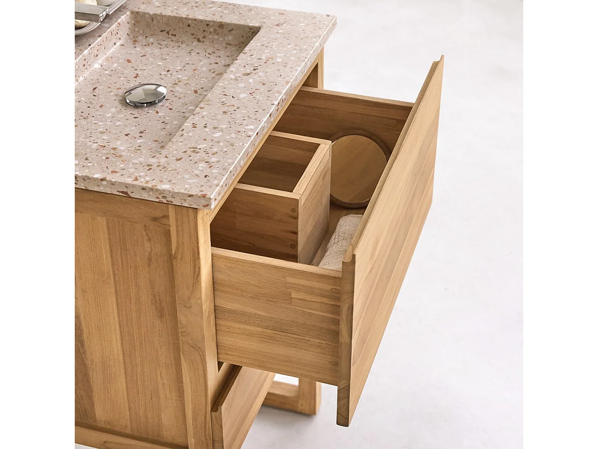 Badezimmerschrank Edgar aus massivem Teakholz und Terrazzo Pink 60 cm