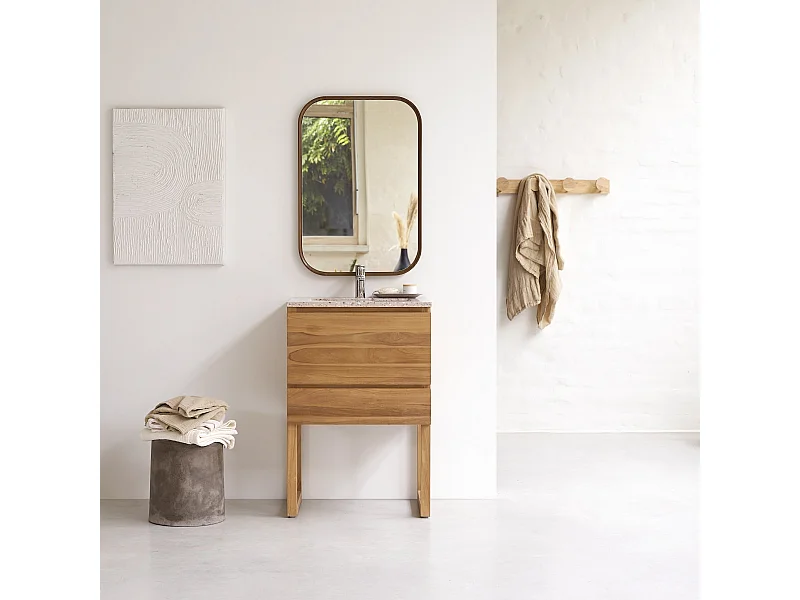 Badezimmerschrank Edgar aus massivem Teakholz und Terrazzo Pink 60 cm