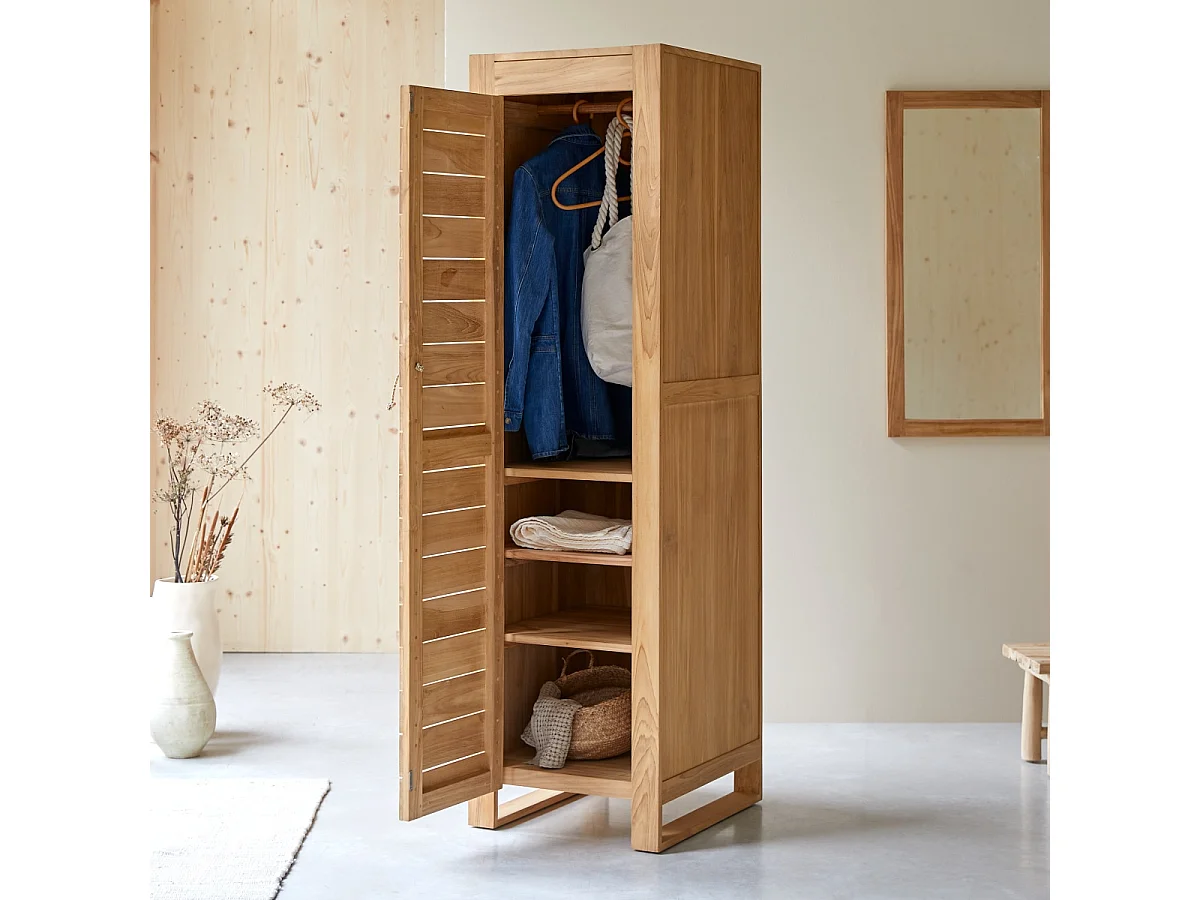 Schmaler Schrank für Flur oder Wohnzimmer 180 cm Teakholz Lattenoptik