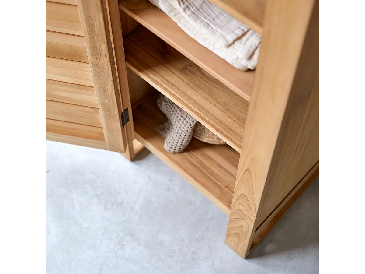 Schmaler Schrank für Flur oder Wohnzimmer 180 cm Teakholz Lattenoptik