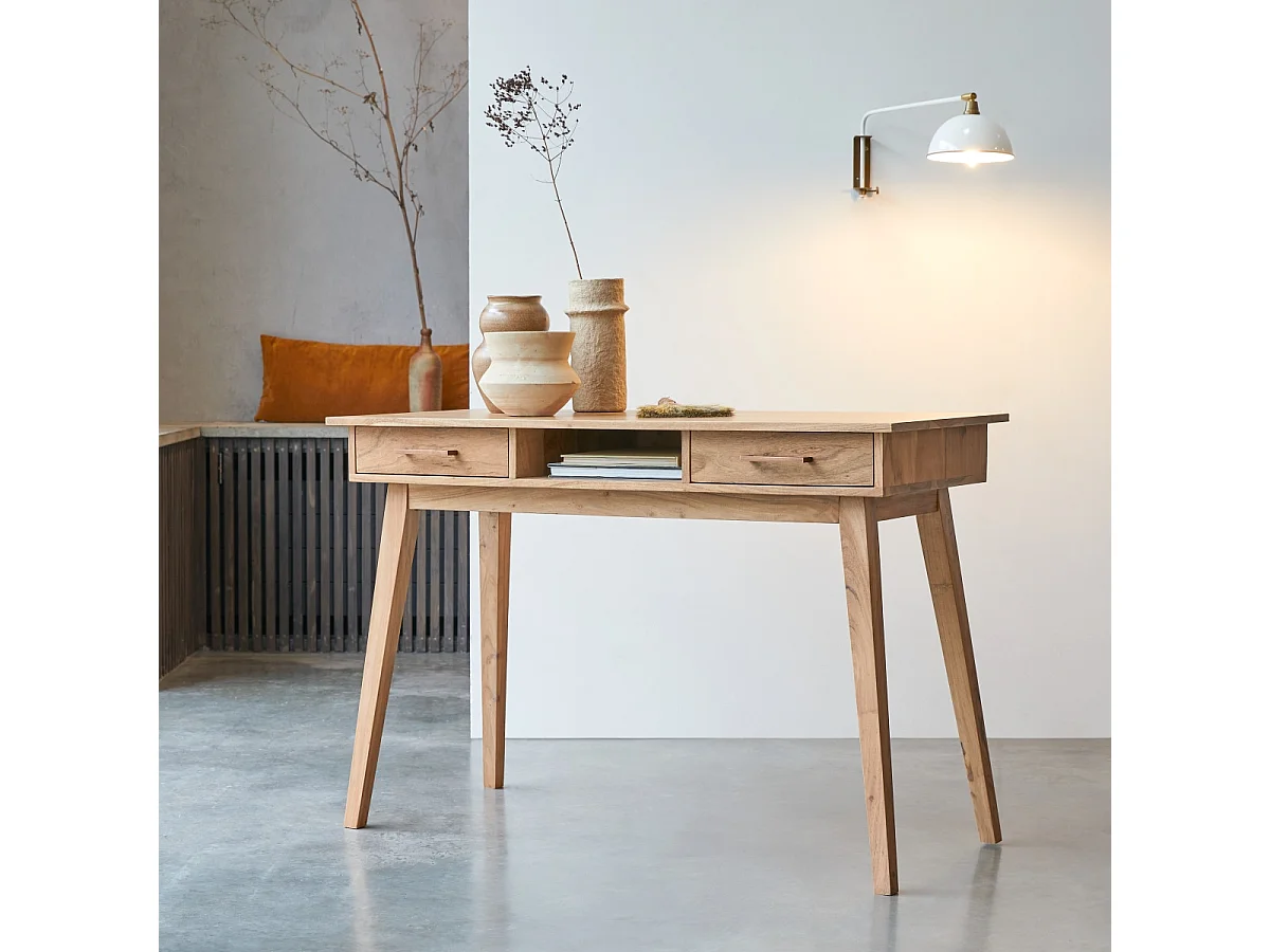Schreibtisch Büro Akazienholz massiv helle Maserung skandinavischer Stil
