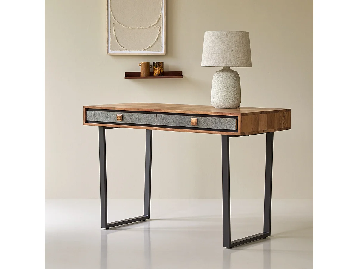 Schreibtisch Sideboard 115 cm aus Massivem Akazienholz und Steinfassade im Materialmix