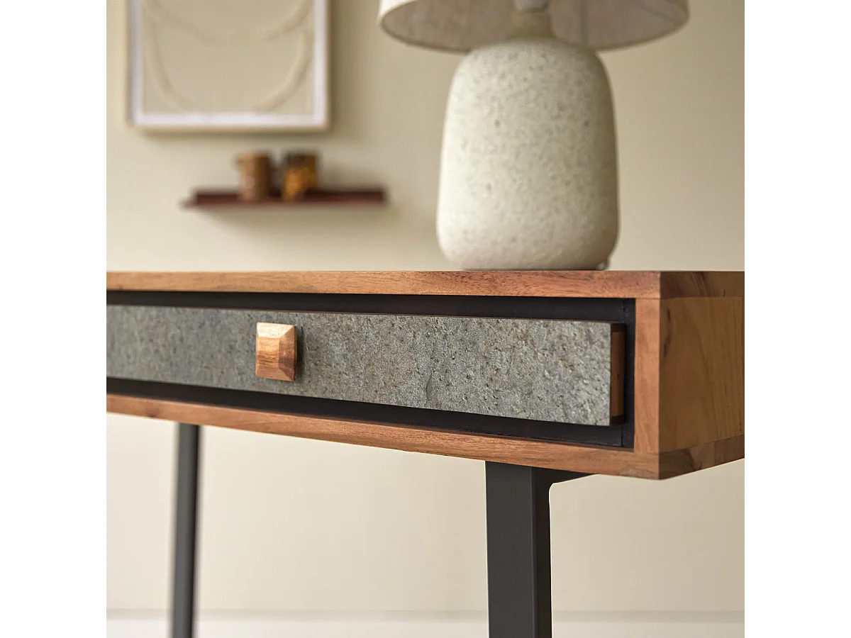 Schreibtisch Sideboard 115 cm aus Massivem Akazienholz und Steinfassade im Materialmix