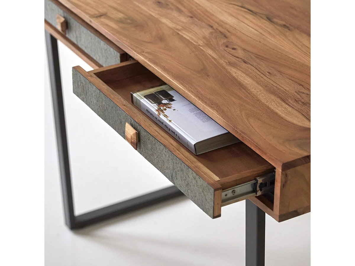 Schreibtisch Sideboard 115 cm aus Massivem Akazienholz und Steinfassade im Materialmix