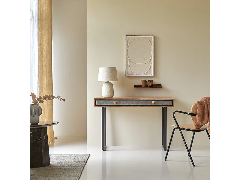 Schreibtisch Sideboard 115 cm aus Massivem Akazienholz und Steinfassade im Materialmix