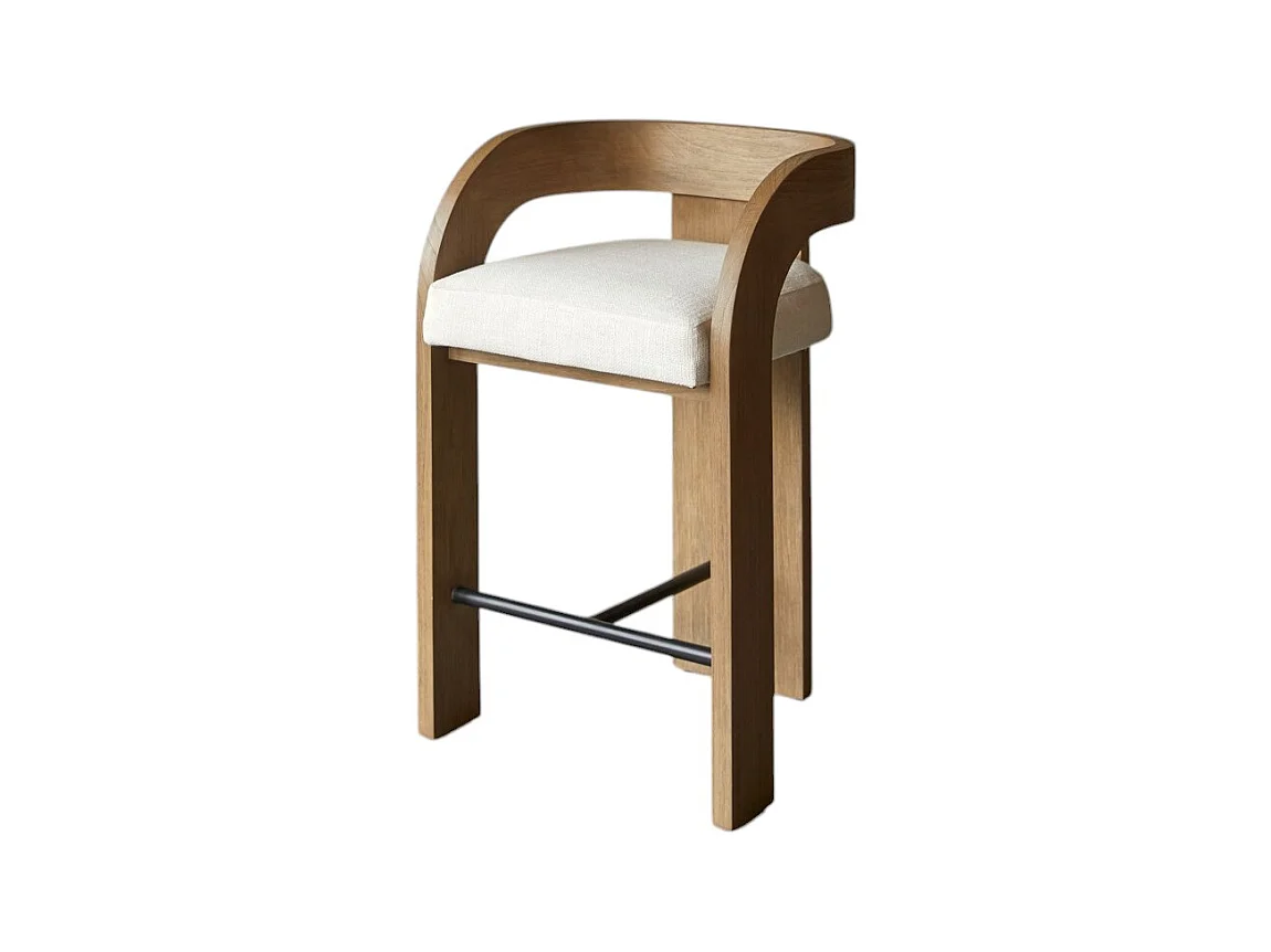 Barstuhl Boti aus massivem Mindiholz mit naturfarbenem Webstoffbezug