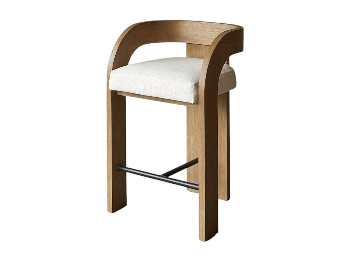 Barstuhl Boti aus massivem Mindiholz mit naturfarbenem Webstoffbezug