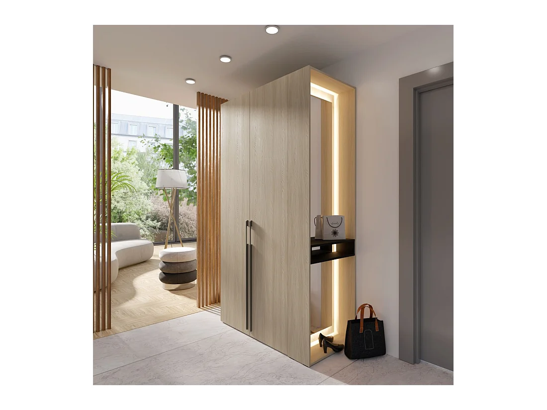 Armario SORIA 110 cm roble y negro con espejo LED y nicho – 2 puertas batientes