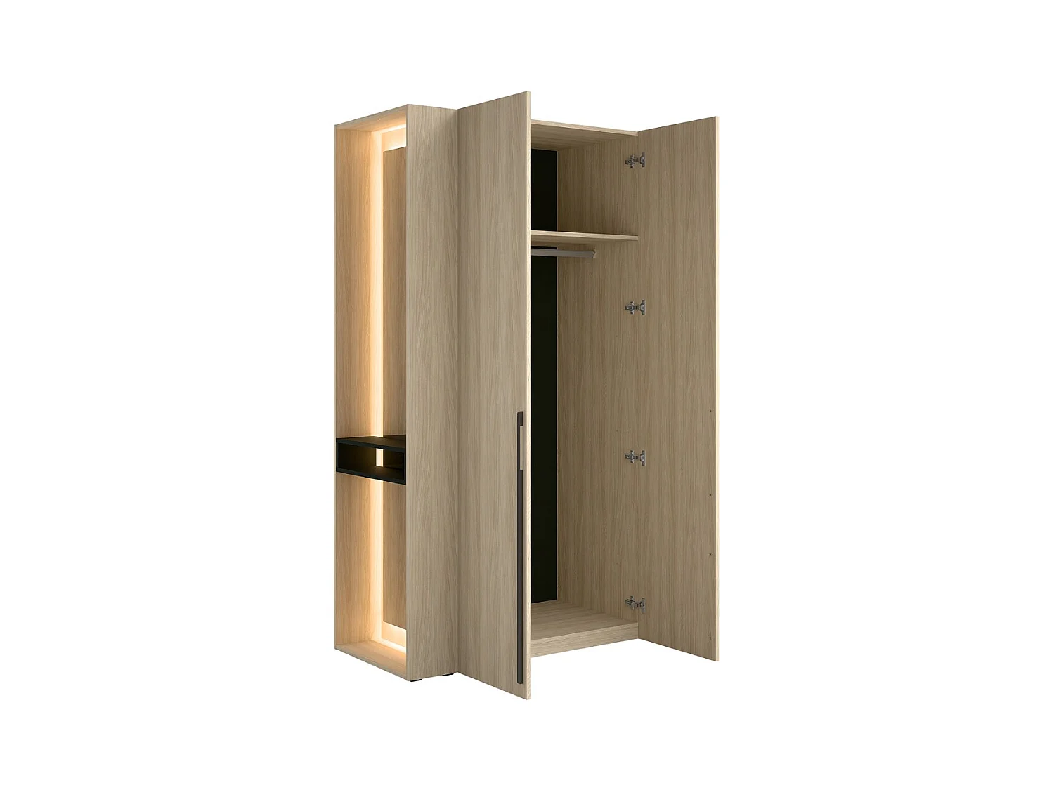 Armario SORIA 110 cm roble y negro con espejo LED y nicho – 2 puertas batientes
