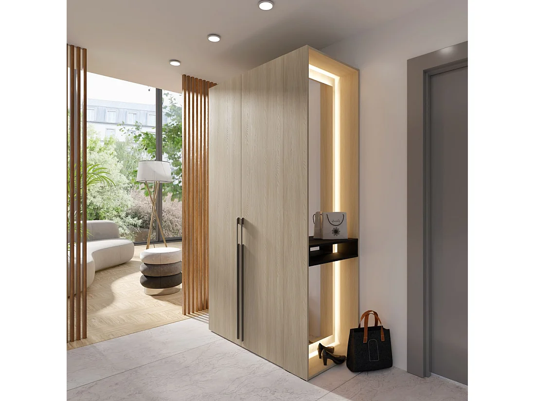 Armario SORIA 110 cm roble y negro con espejo LED y nicho – 2 puertas batientes