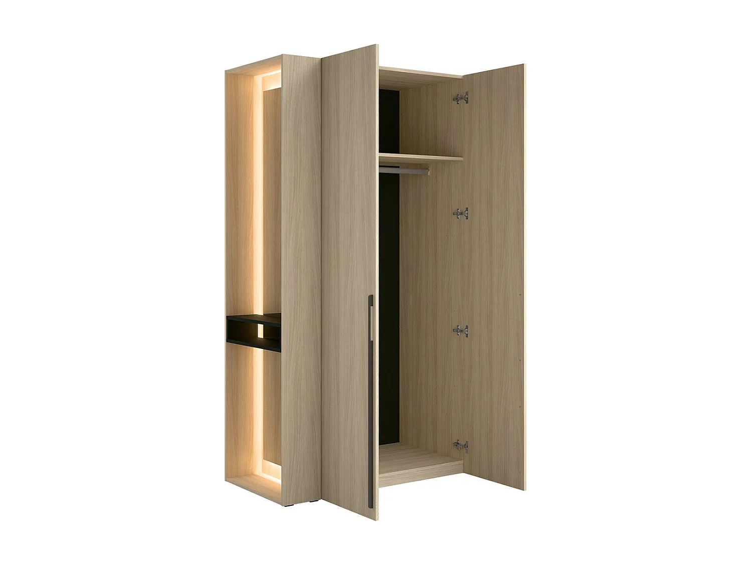 Armario SORIA 110 cm roble y negro con espejo LED y nicho – 2 puertas batientes