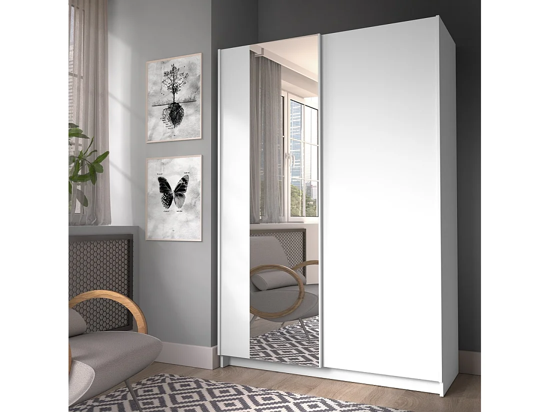 Armoire LYSIA 2 portes coulissantes avec miroir – 120 x 182 x 55 cm – Coloris blanc