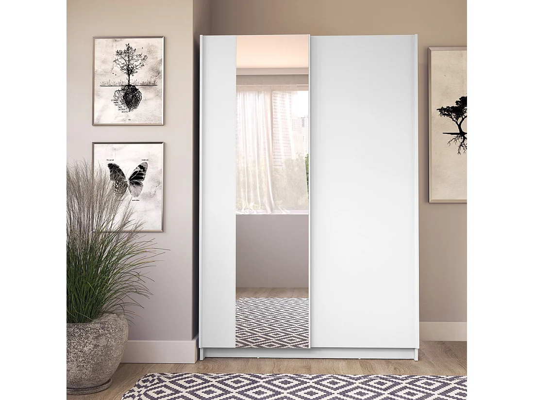 Armoire LYSIA 2 portes coulissantes avec miroir – 120 x 182 x 55 cm – Coloris blanc
