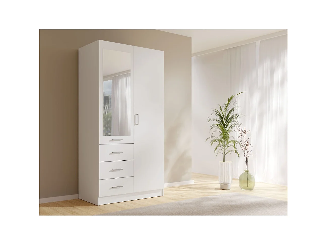 Armario KALISTA 101 cm blanco mate con espejo y 3 cajones – 2 puertas batientes