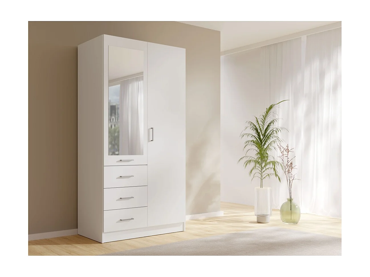 Armário KALISTA 101 cm branco fosco com espelho e 3 gavetas – 2 portas de abrir